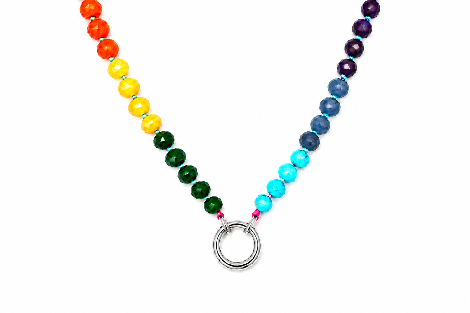 Amala Rainbow Bead Silver Charm Carrier Necklace featuring colourful gemstone beads and a waterproof white gold plated charm carrier clasp.
