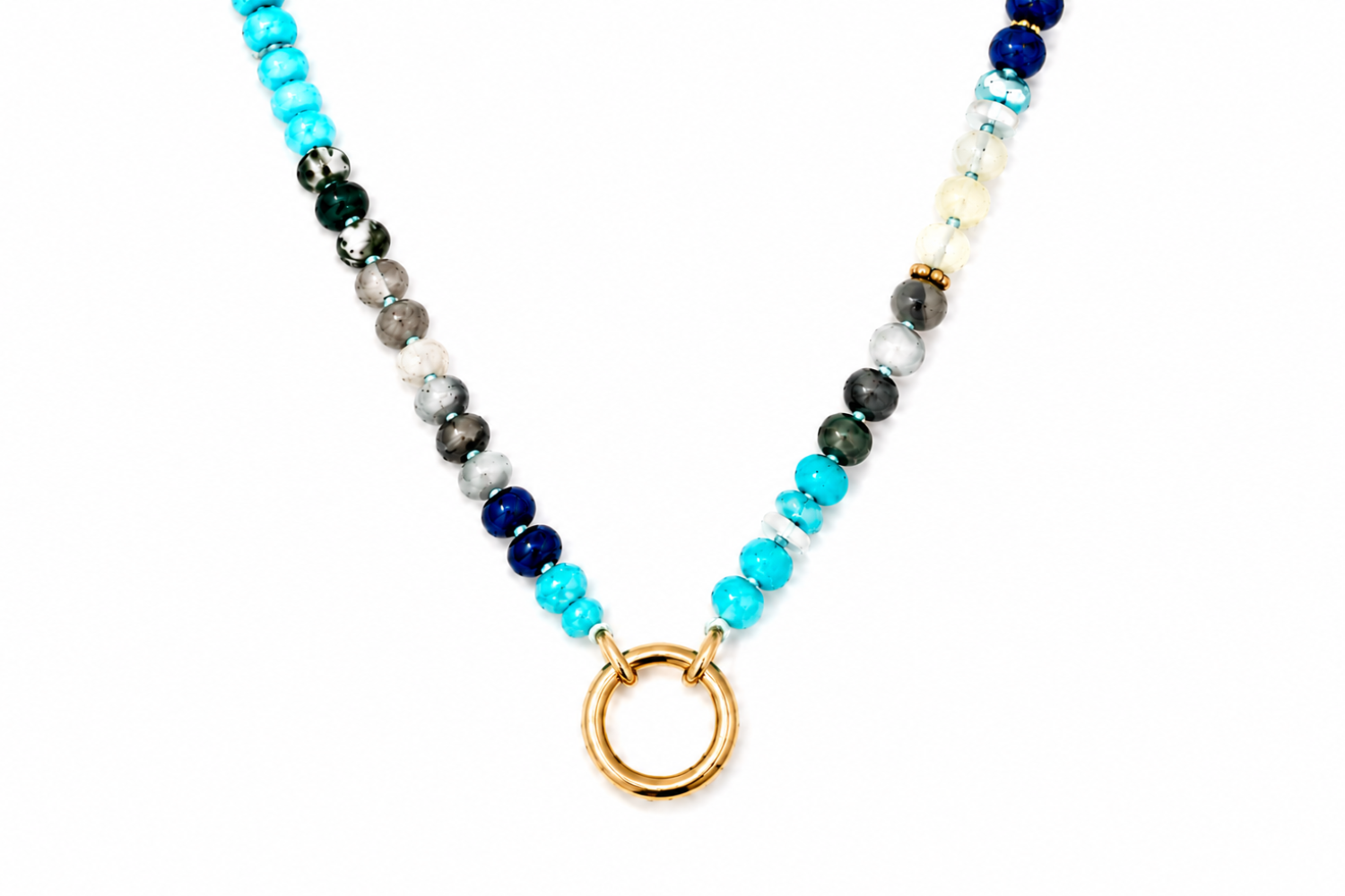 Amala Blue Bead Gold Charm Carrier Necklace featuring jade, shell, turquoise and labradorite beads with a waterproof 14k Gold PVD charm carrier clasp.