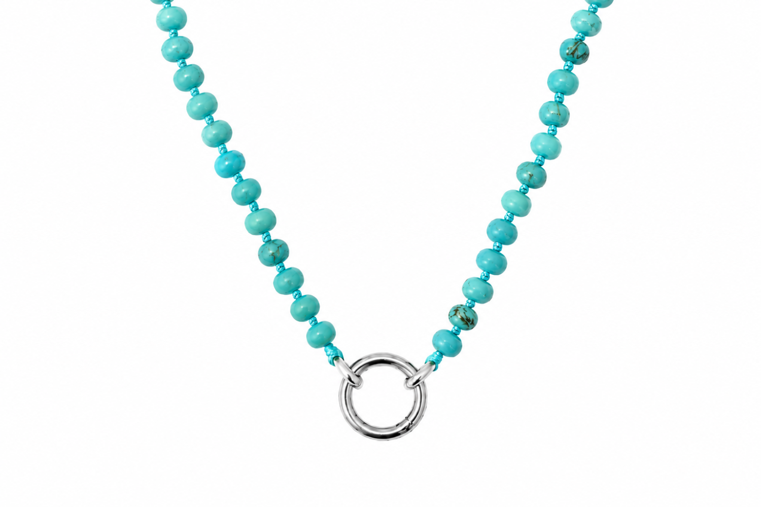 Amala Turquoise Howlite Silver Charm Carrier Necklace with turquoise howlite gemstone beads and a white gold plated waterproof charm carrier clasp.