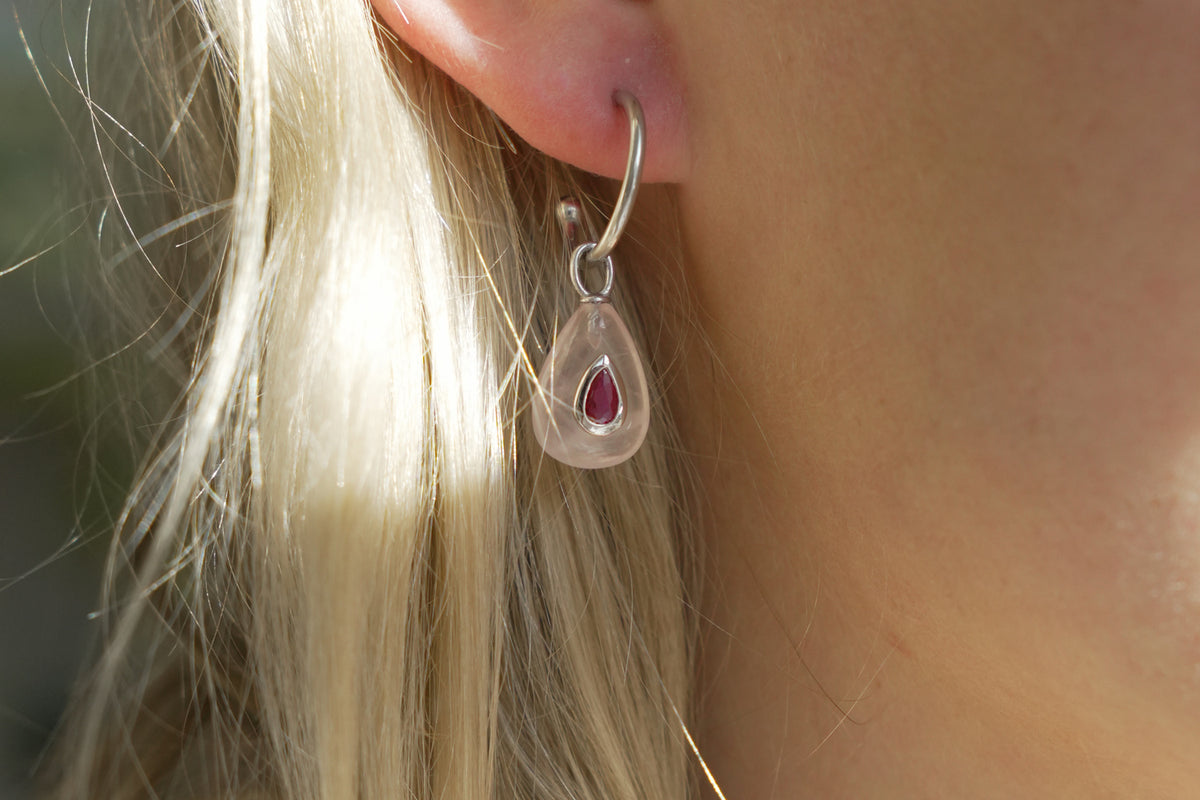 Hana Rose Quartz & Silver Hoop Earrings by Boho Betty – a silver hoop with a pink rose quartz teardrop gemstone charm