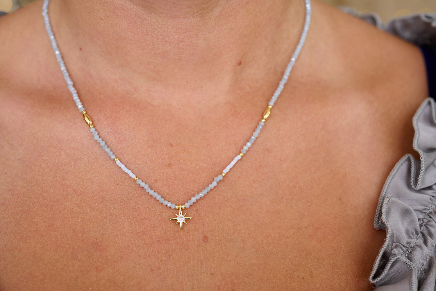 Aditi Grey & Gold Beaded Star Necklace - Boho Betty