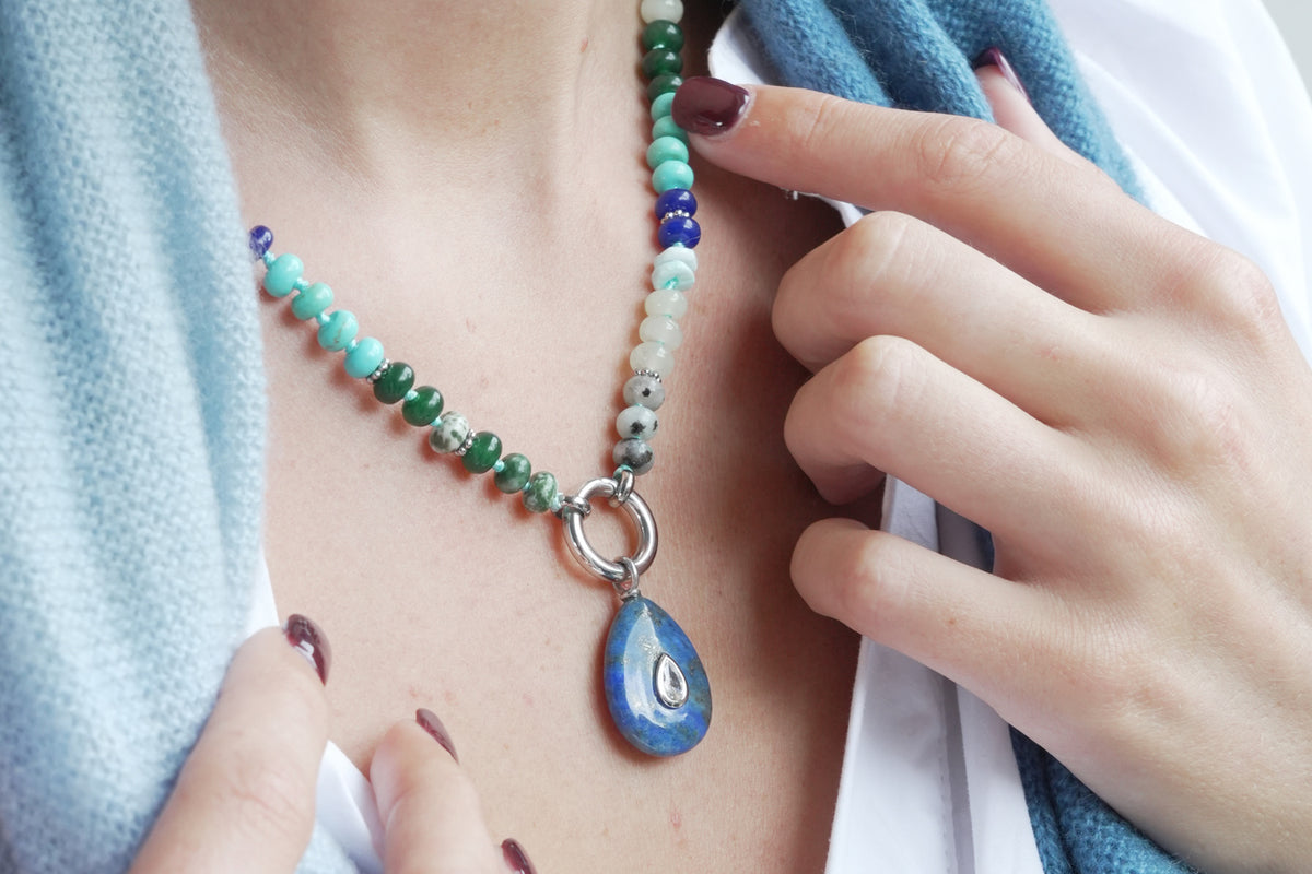 Amala blue mix and Fleur lapis lazuli necklace by Boho Betty – a silver lapis lazuli beaded teardrop pendant necklace