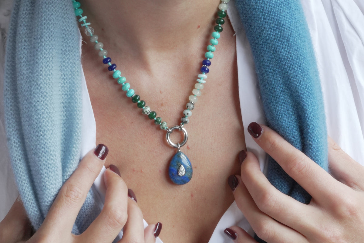 Amala blue mix and Fleur lapis lazuli necklace by Boho Betty – a silver lapis lazuli beaded teardrop pendant necklace