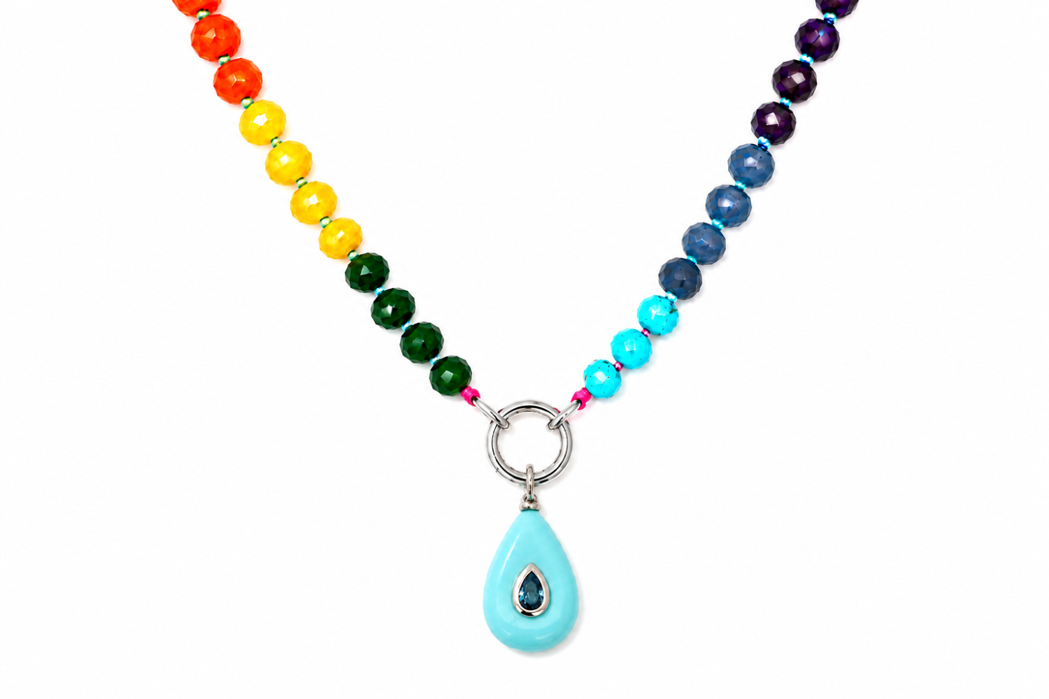 Amala Rainbow Bead Silver Charm Carrier Necklace