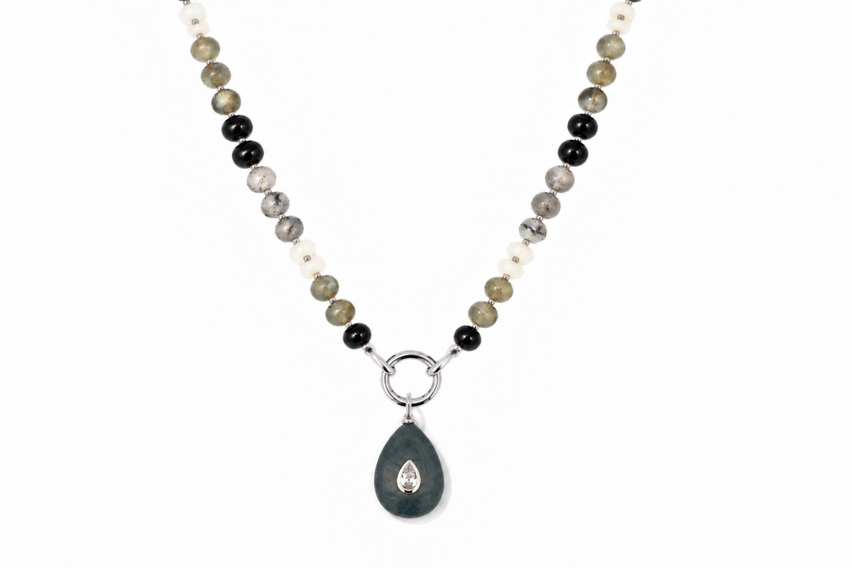 Amala Black Mix Bead & Labradorite Charm White Gold Carrier Necklace
