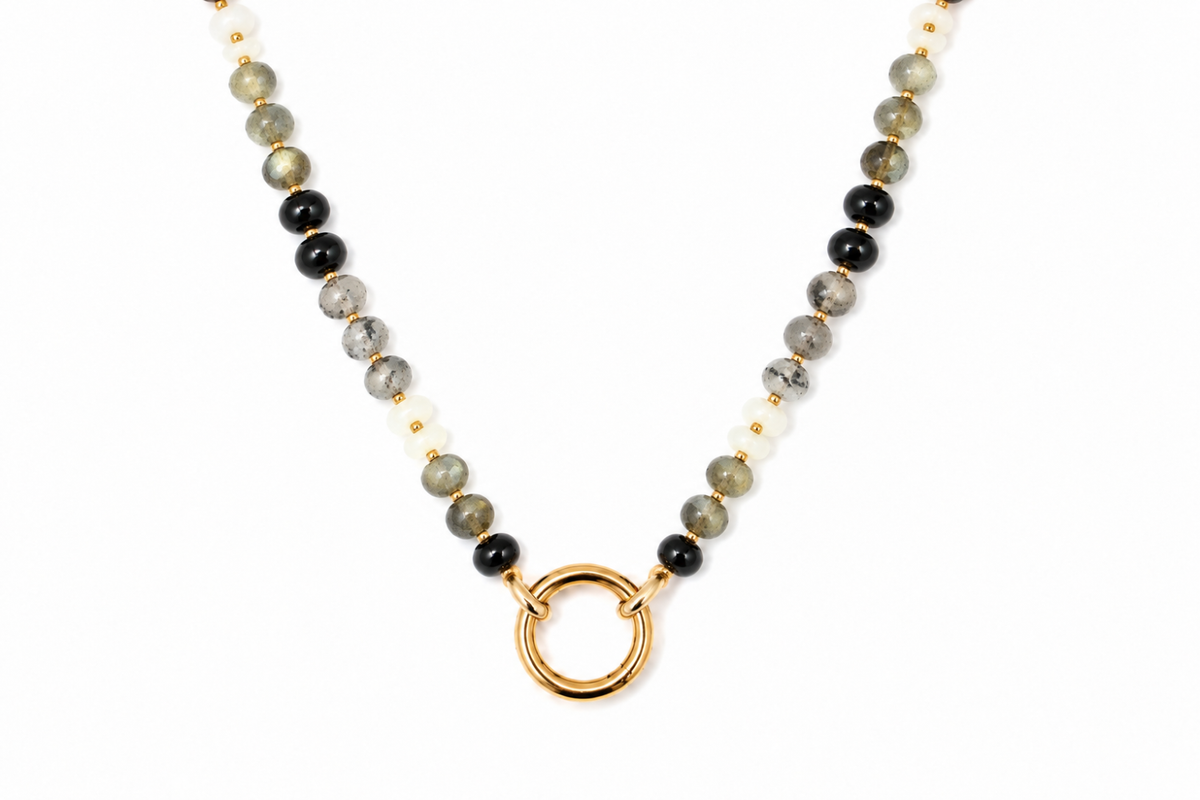 Amala Black Mix Bead & Fleur Labradorite Gold Charm Carrier Necklace