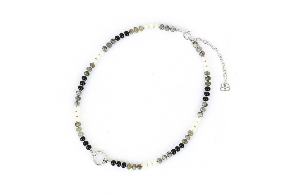 Amala Silver & Black Mix Bead Charm Carrier Necklace