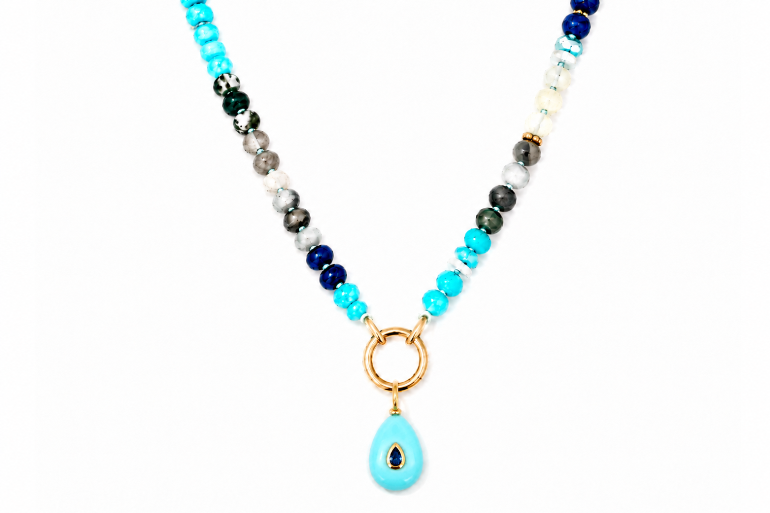 Amala Blue Bead Gold Charm Carrier Necklace