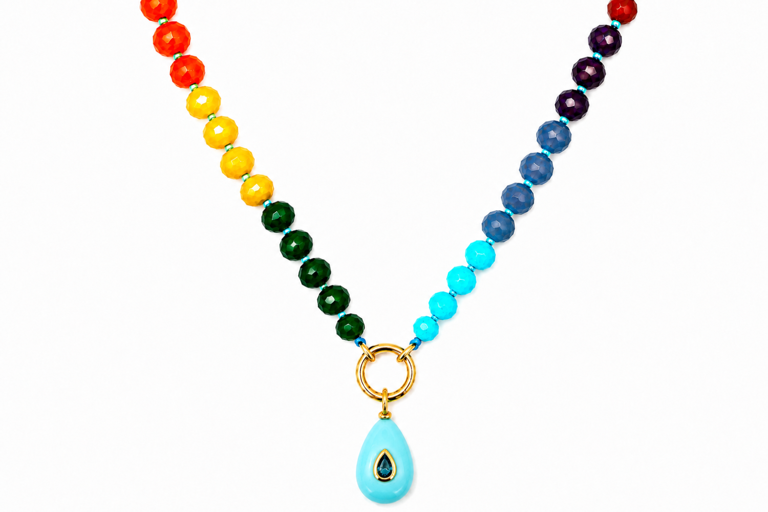 Amala Rainbow Bead Gold Charm Carrier Necklace featuring colourful gemstone beads and a waterproof 14k Gold PVD charm carrier clasp.