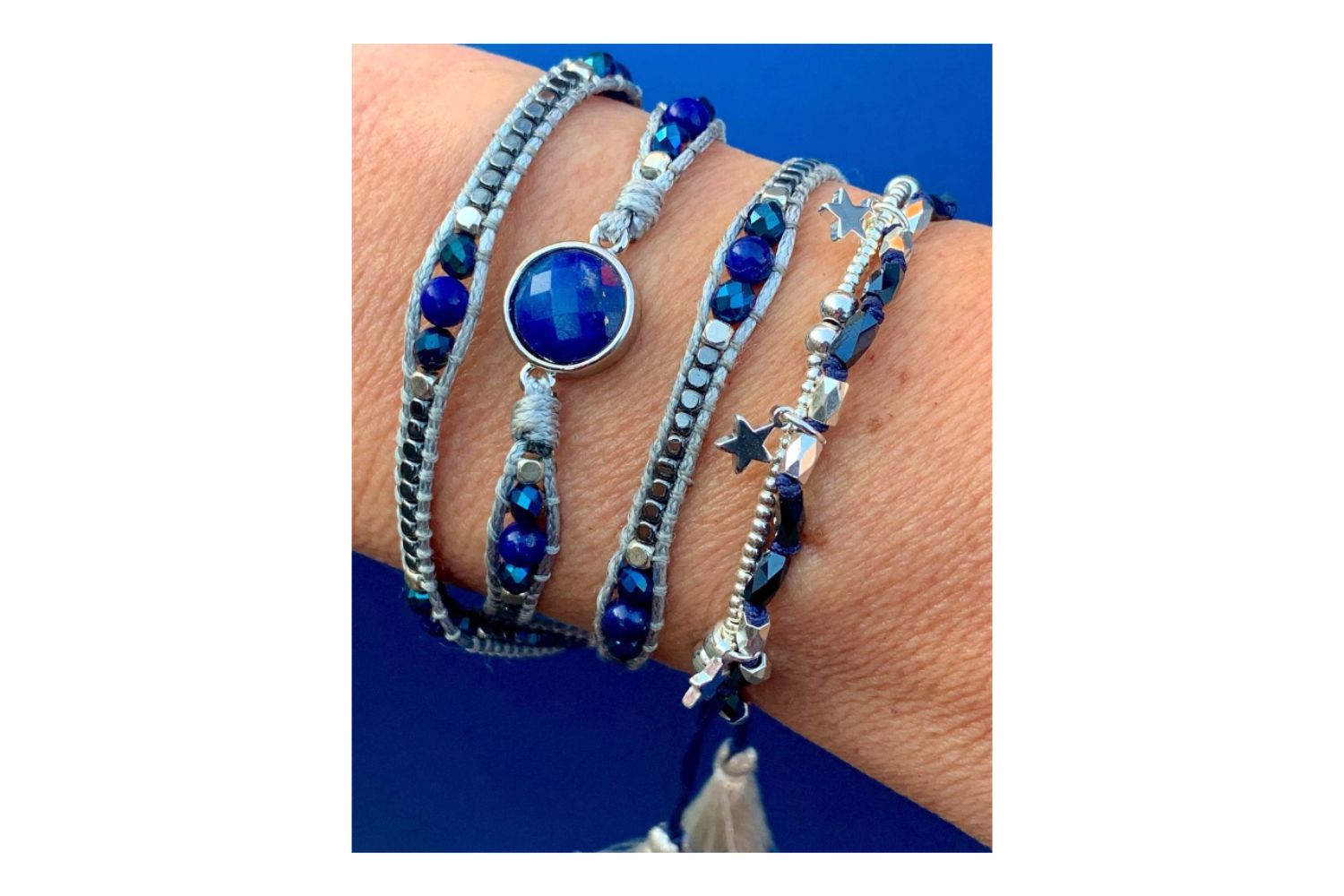 America Blue and Silver Lapis Lazuli Gemstone Wrap Bracelet - Boho Betty
