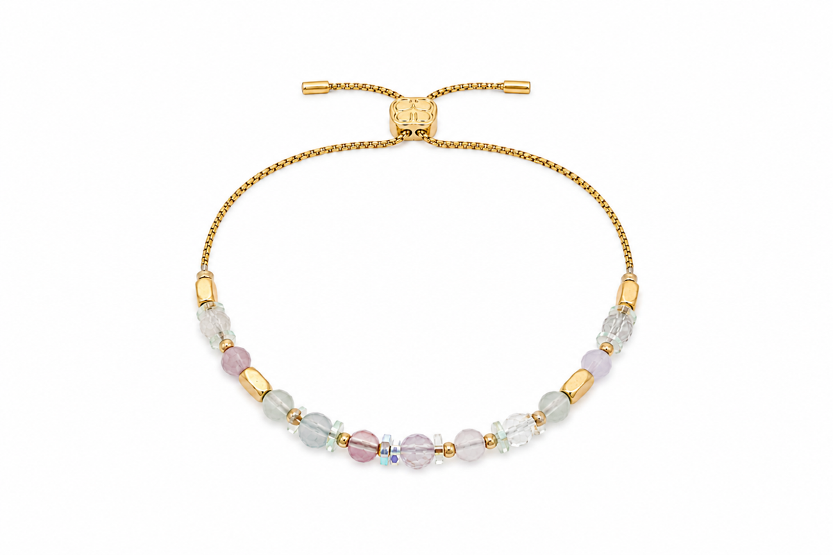 Aya Gold & Rainbow Fluorite Bead Slider Bracelet with faceted pastel fluorite gemstones, translucent angel beads and 14k Gold PVD gold-tone details.