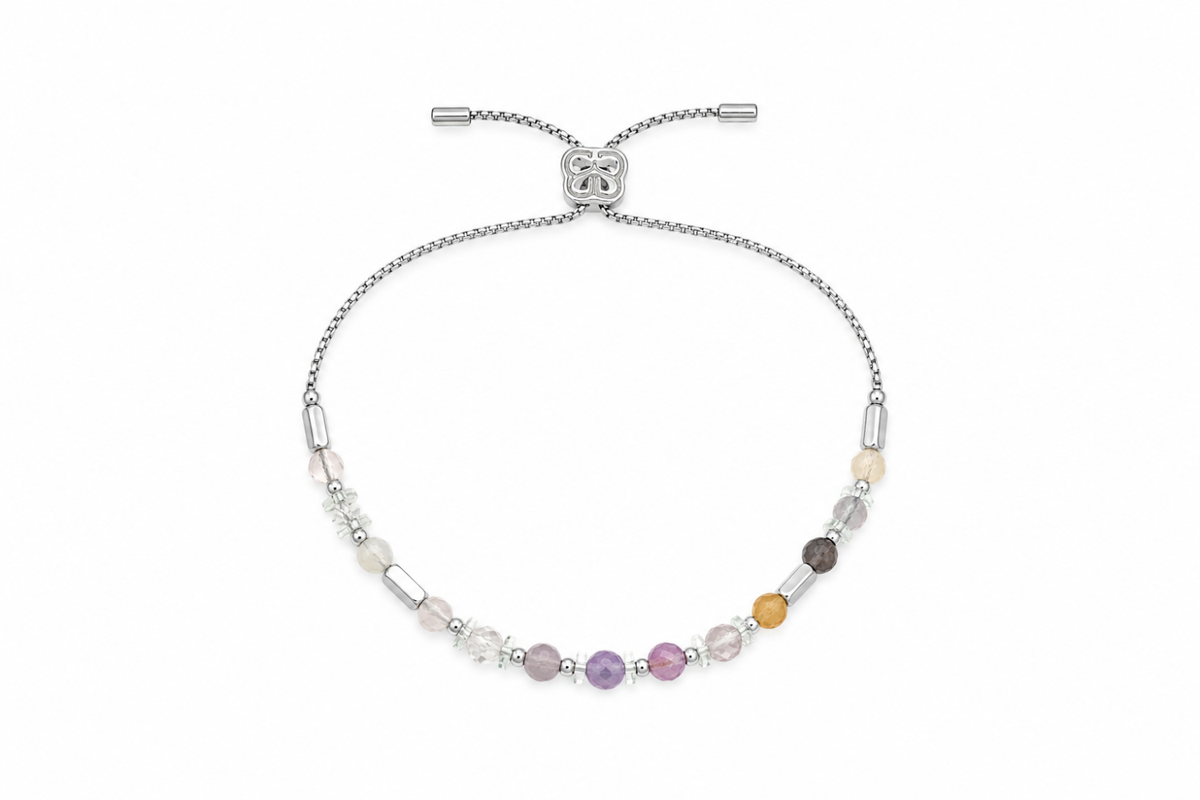 Aya Silver & Rainbow Fluorite Bead Slider Bracelet with faceted pastel fluorite gemstones, translucent angel beads and White Gold PVD silver-tone details.