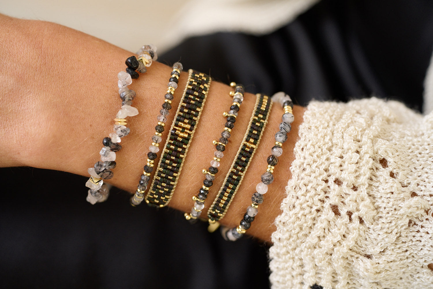 Keramas Black Rutilated Quartz Gold Bracelet Stack - Boho Betty