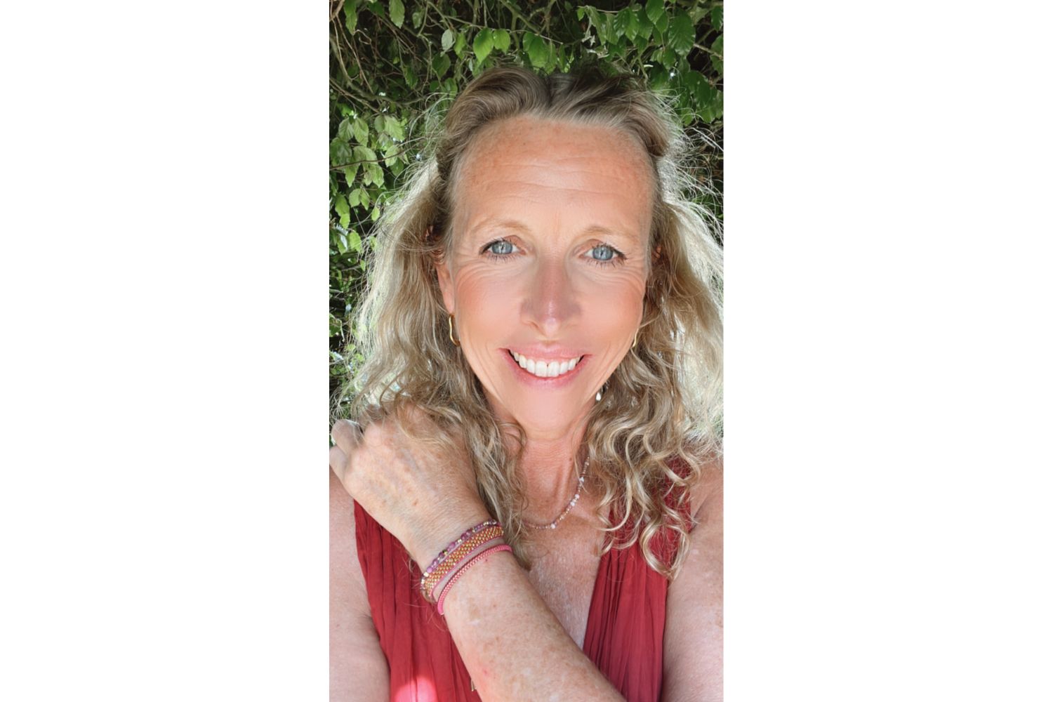 The Barbuda Raspberry & Ruby Gold Bracelet Stack featured on wrist with Boho Betty stacking bracelets