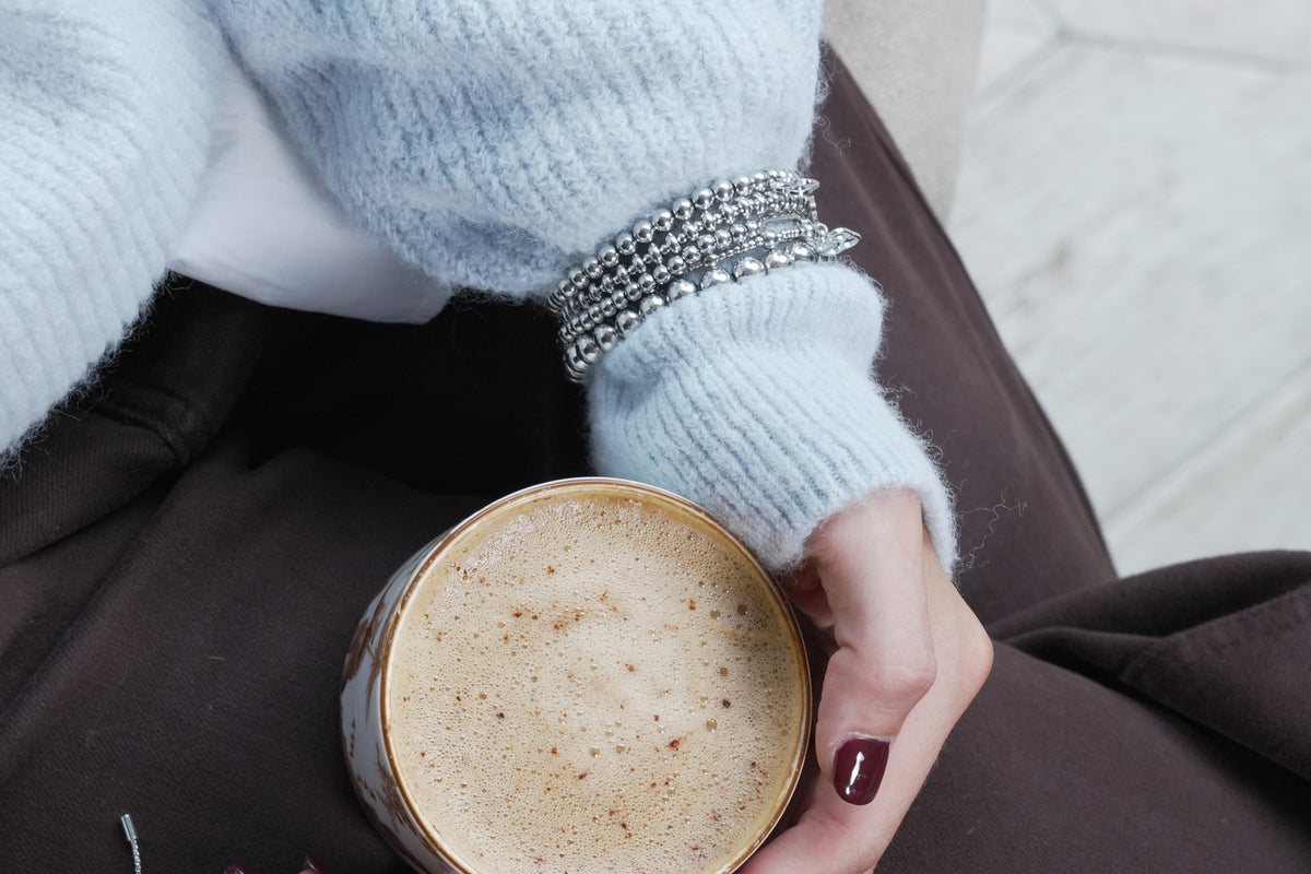 Cleo silver bead stretch bracelet by Boho Betty – styled in a stack, a stackable silver beaded stretch bracelet
