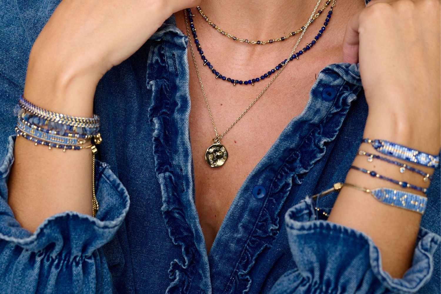 Lifestyle picture showcasing the Boho Betty B you personalized necklace. Gold accents and detailing and a unique and versatile necklace showcasing the perfect best friend gift or gifts for a girlfriend at Christmas.