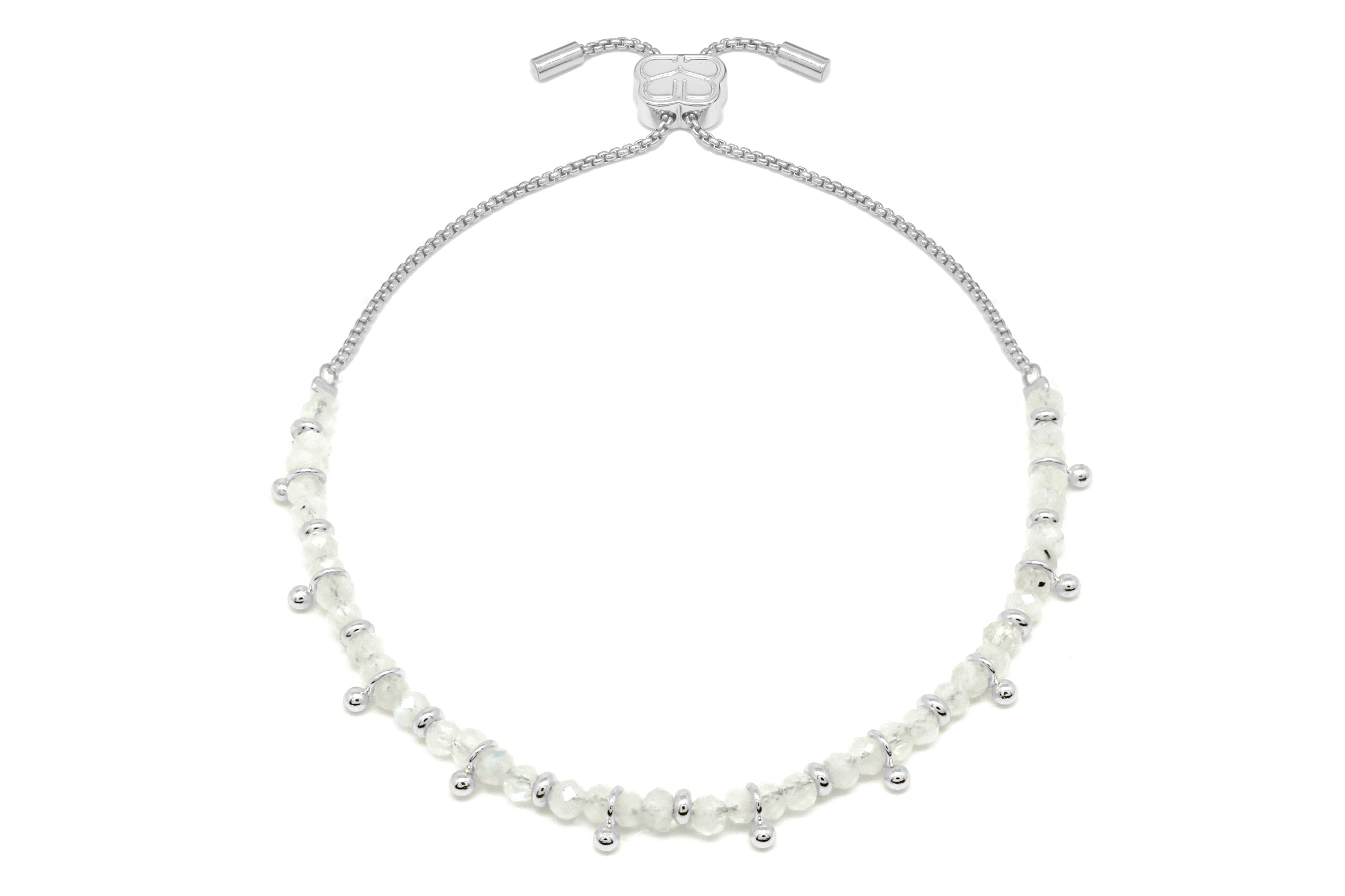 Boho Betty Harmony Rainbow Moonstone Bracelet  with silver accents and a signature chain slider