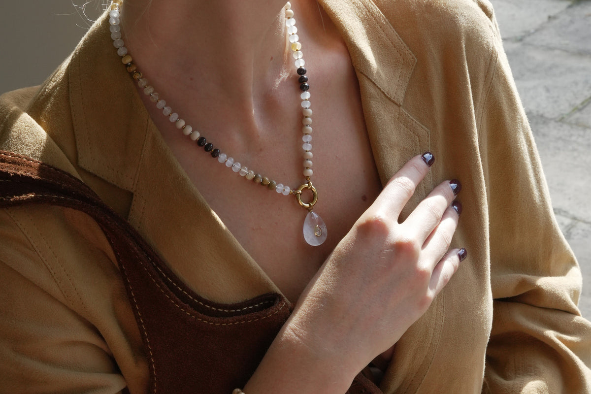 Amala gold and brown mix bead necklace by Boho Betty – a gold brown beaded charm carrier necklace