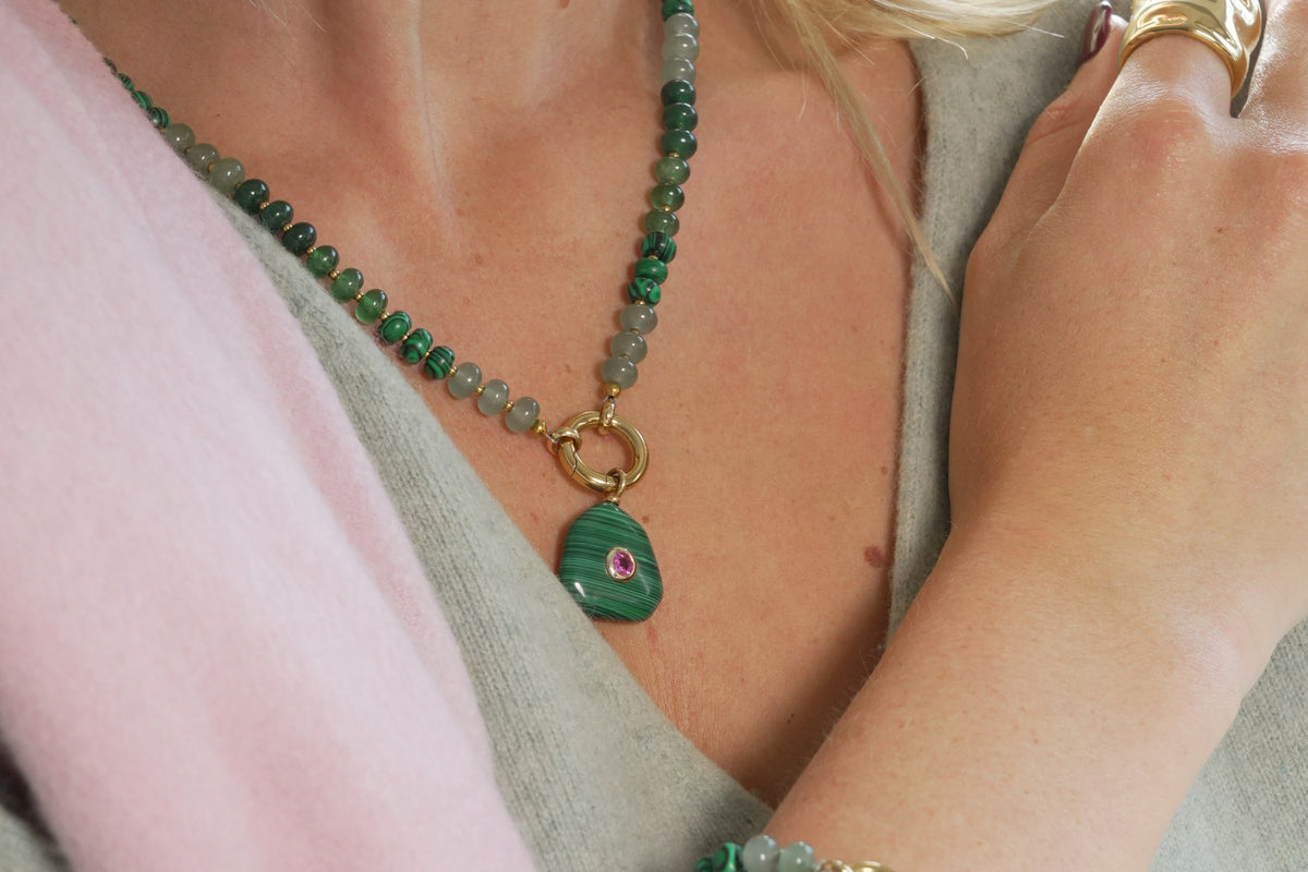 Amala green mix and Kalis malachite necklace by Boho Betty – a gold malachite beaded charm pendant necklace