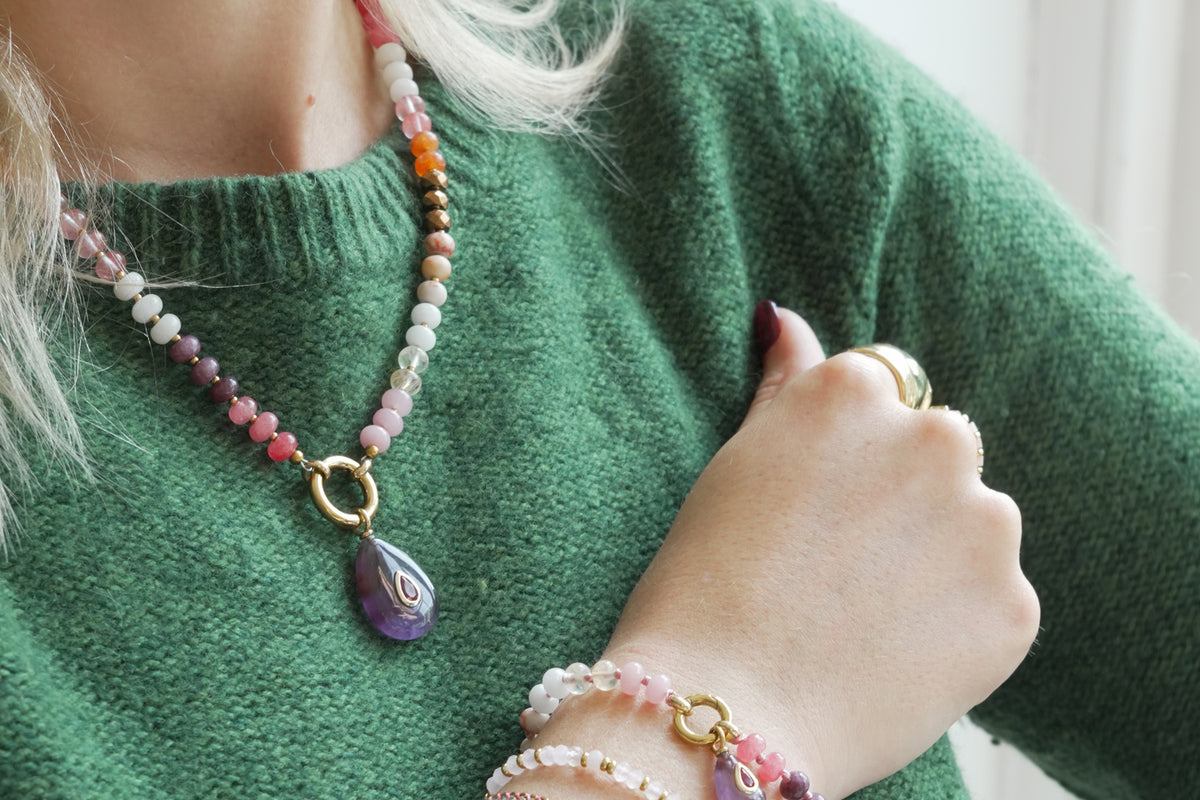 Amala red mix and Fleur amethyst necklace by Boho Betty – a gold amethyst beaded teardrop pendant necklace