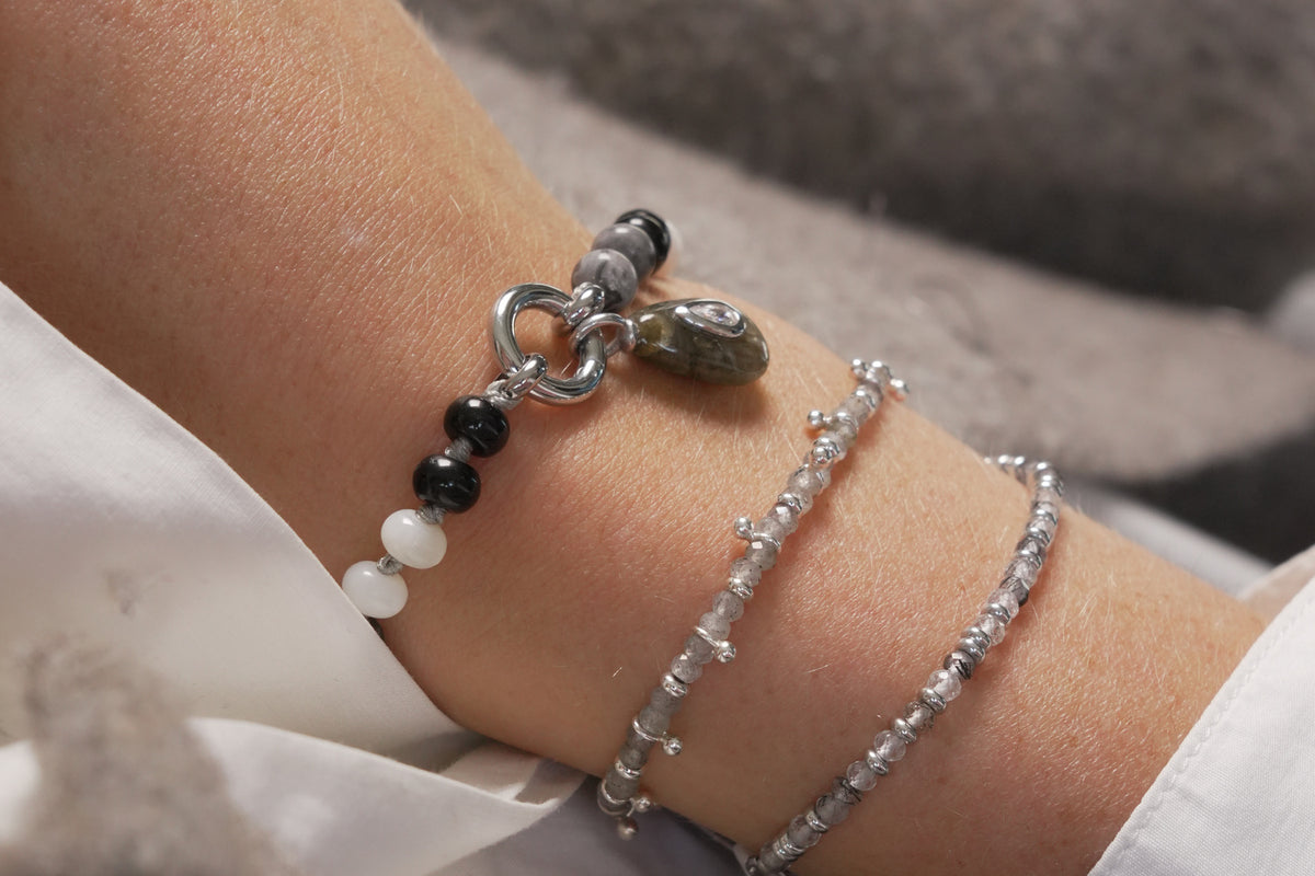 Zaha black mix and Fleurette labradorite bracelet by Boho Betty – a silver labradorite beaded charm carrier bracelet