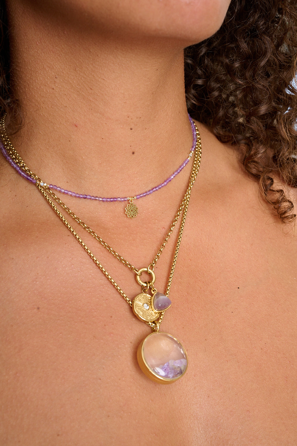Boho Betty's beautiful Amethyst Crown Chakra necklace in gold - Boho Betty