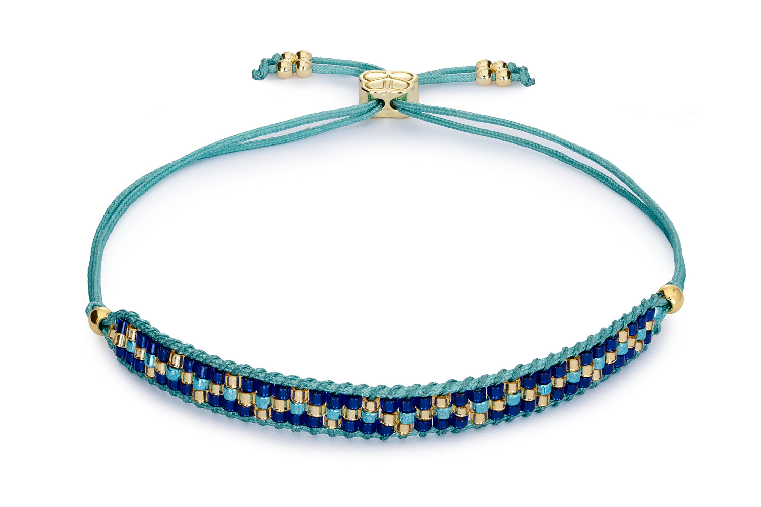 Elegant Crus Blue Beaded Friendship Bracelet with Blue and Gold Miyuki Beads on Teal Slider Cord.