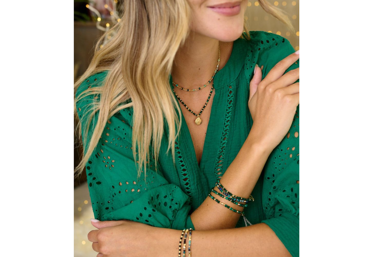 Lifestyle picture showcasing the Dash Malachite bracelet with the the Darlene malachite necklace and a panacea azurite layered in too. Perfect gift for her and everyday styling 