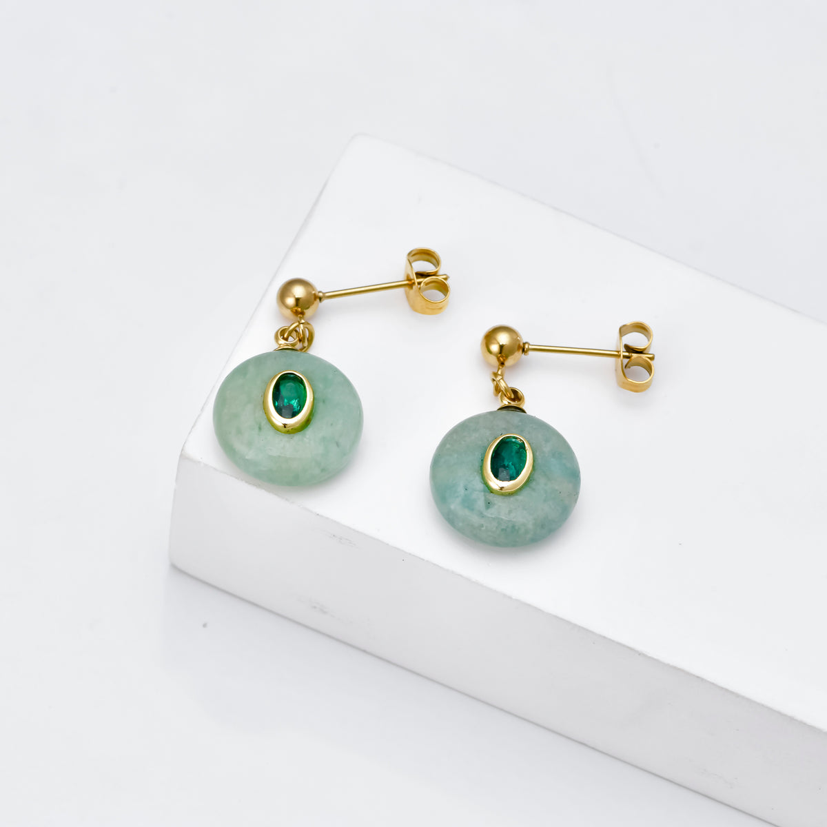 Galia Amazonite Gold Earrings by Boho Betty, hanging and waterproof earrings perfect for everyday wear. 