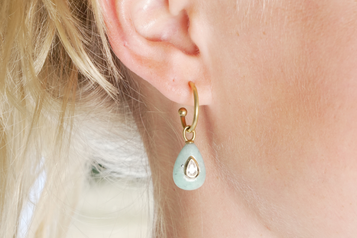 Hana Amazonite Gold Hoop Earrings worn with Amazonite gemstone drops and waterproof 14k gold PVD hoops for effortless holiday styling.