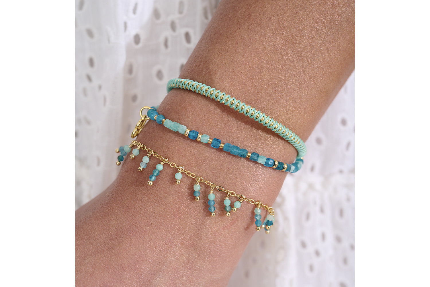 Stack in style with the Heather Amazonite and Apatite Gold, adding a delicate charm look to your everyday outfits.
