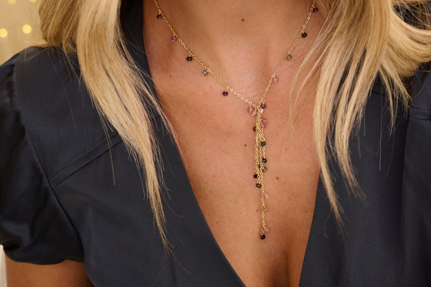 Boho Betty Ivy tourmaline gemstone necklace worn simply and elegantly alone. The perfect fit for her.
