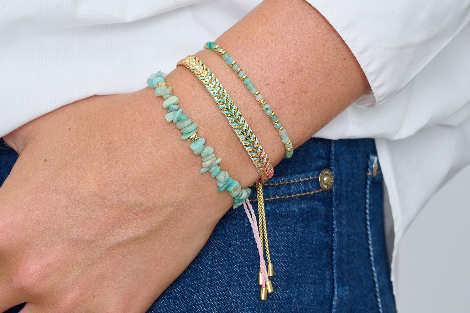 Iztac candy gold braided bracelet featured on wrist with Boho Betty stacking bracelets