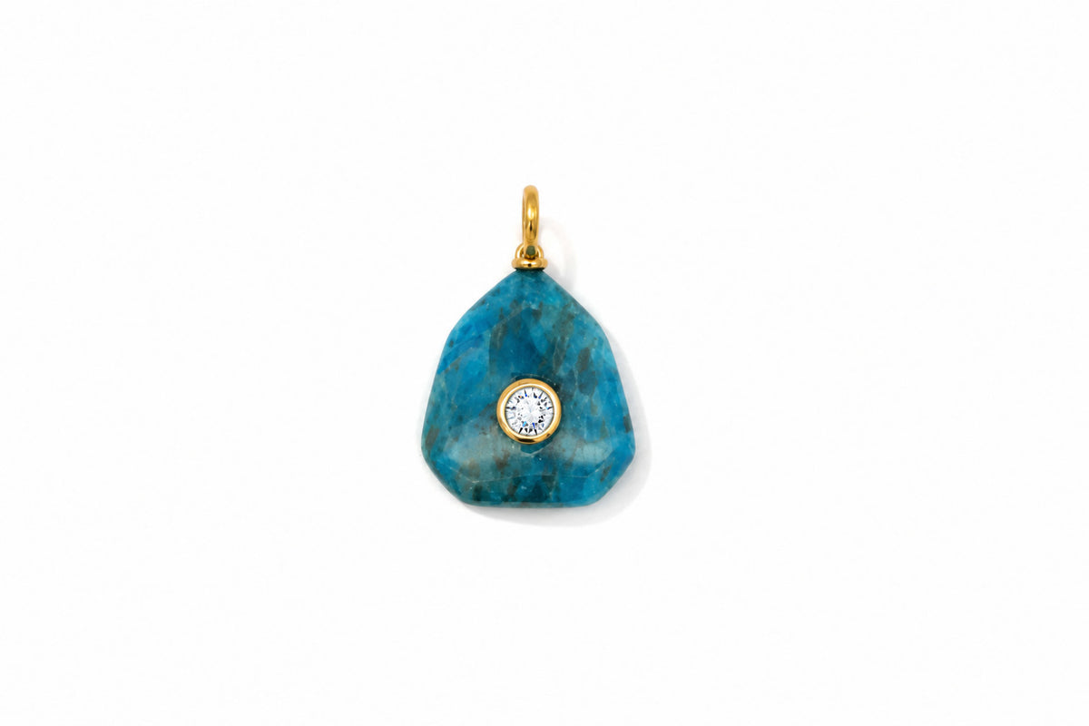 Kalis Apatite Gold Charm by Boho Betty – waterproof blue apatite gemstone charm pendant with a clear crystal centre in gold, an interchangeable collectable charm for a charm necklace