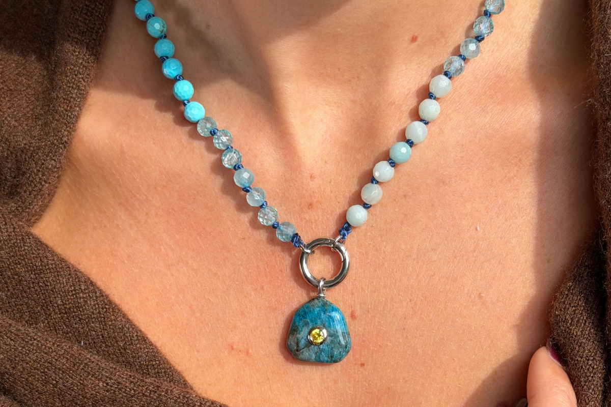 Kalis apatite silver charm by boho betty, paired with our safa necklace - the perfect charm to add onto your necklace carriers 