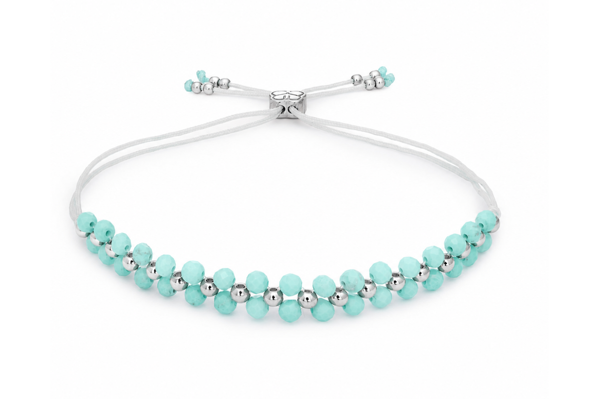 Marisol Silver & Amazonite Beaded Slider Bracelet featuring two rows of faceted aqua Amazonite gemstones, polished silver beads and White Gold PVD details.