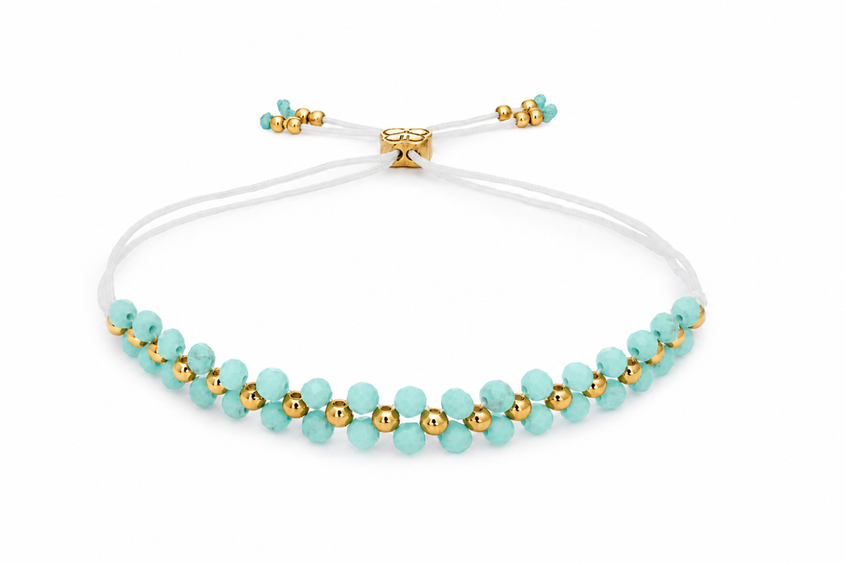 Marisol Gold & Amazonite Double Row Slider Bracelet featuring two rows of faceted aqua Amazonite gemstones, polished gold beads and waterproof 14k Gold PVD details.