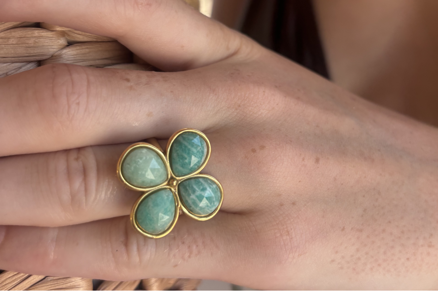 Marsilea Amazonite & Gold Clover Ring