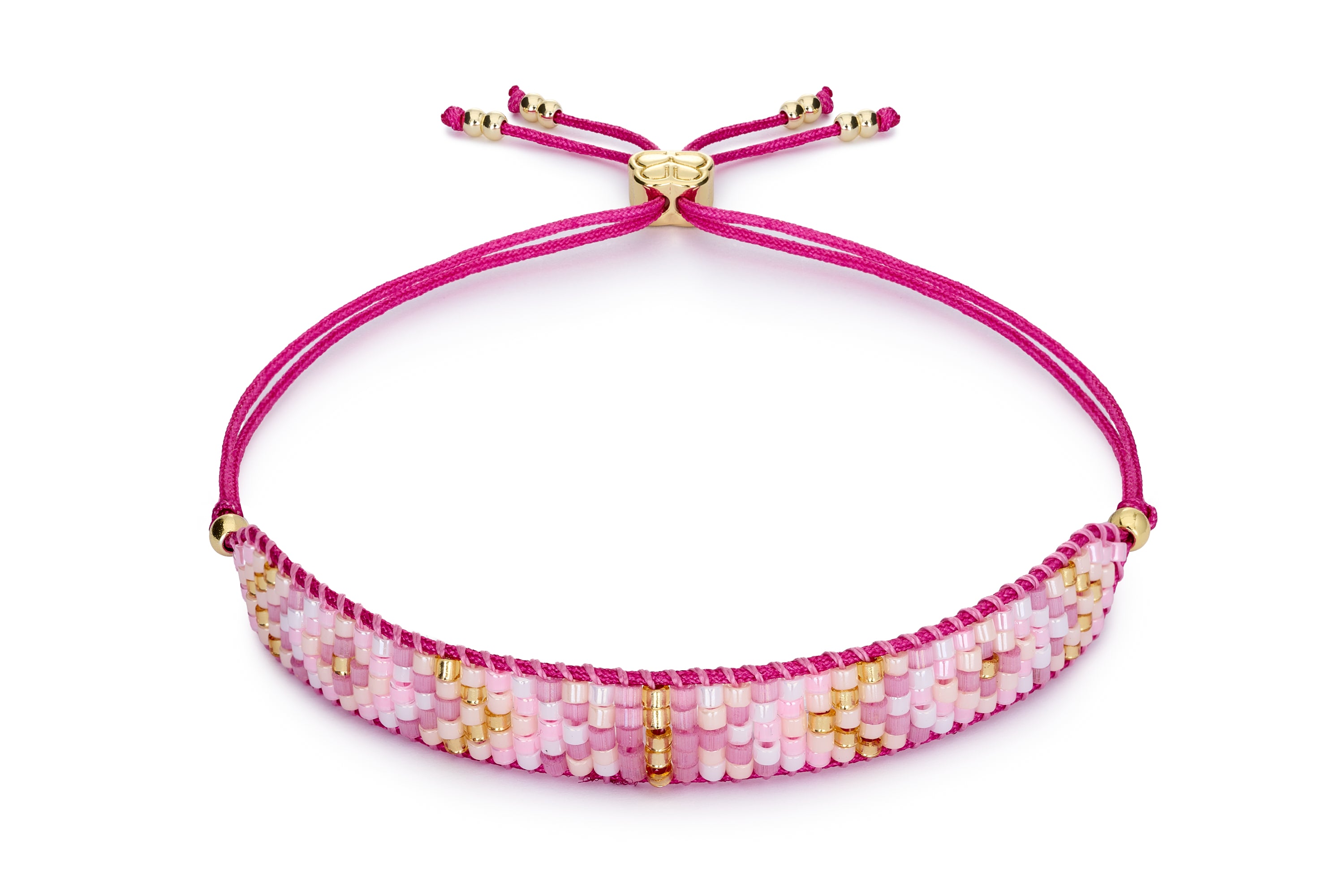 Matira Hot Pink & Gold Friendship Bracelet with a thread through slider and made with pink tone and gold Miyuki beads.