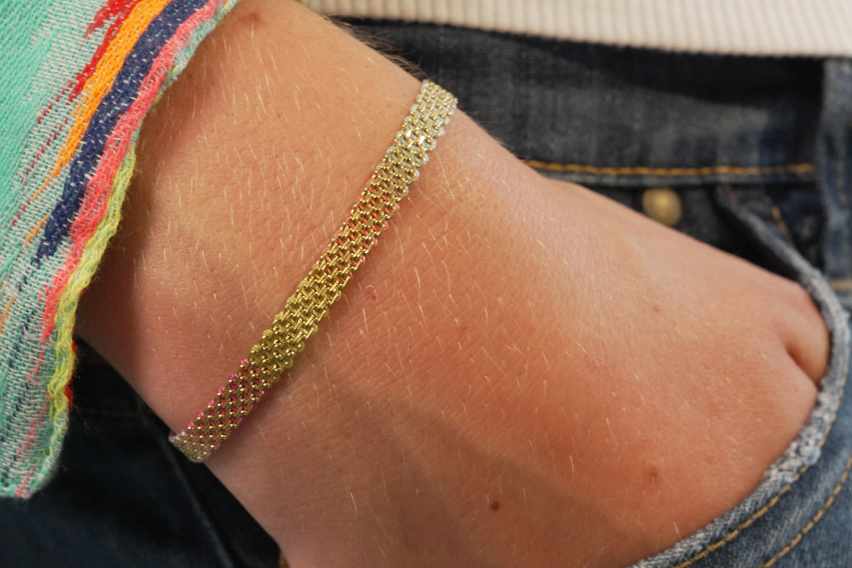 Millie candy mesh woven gold bracelet by Boho Betty – a colourful woven mesh gold slider bracelet
