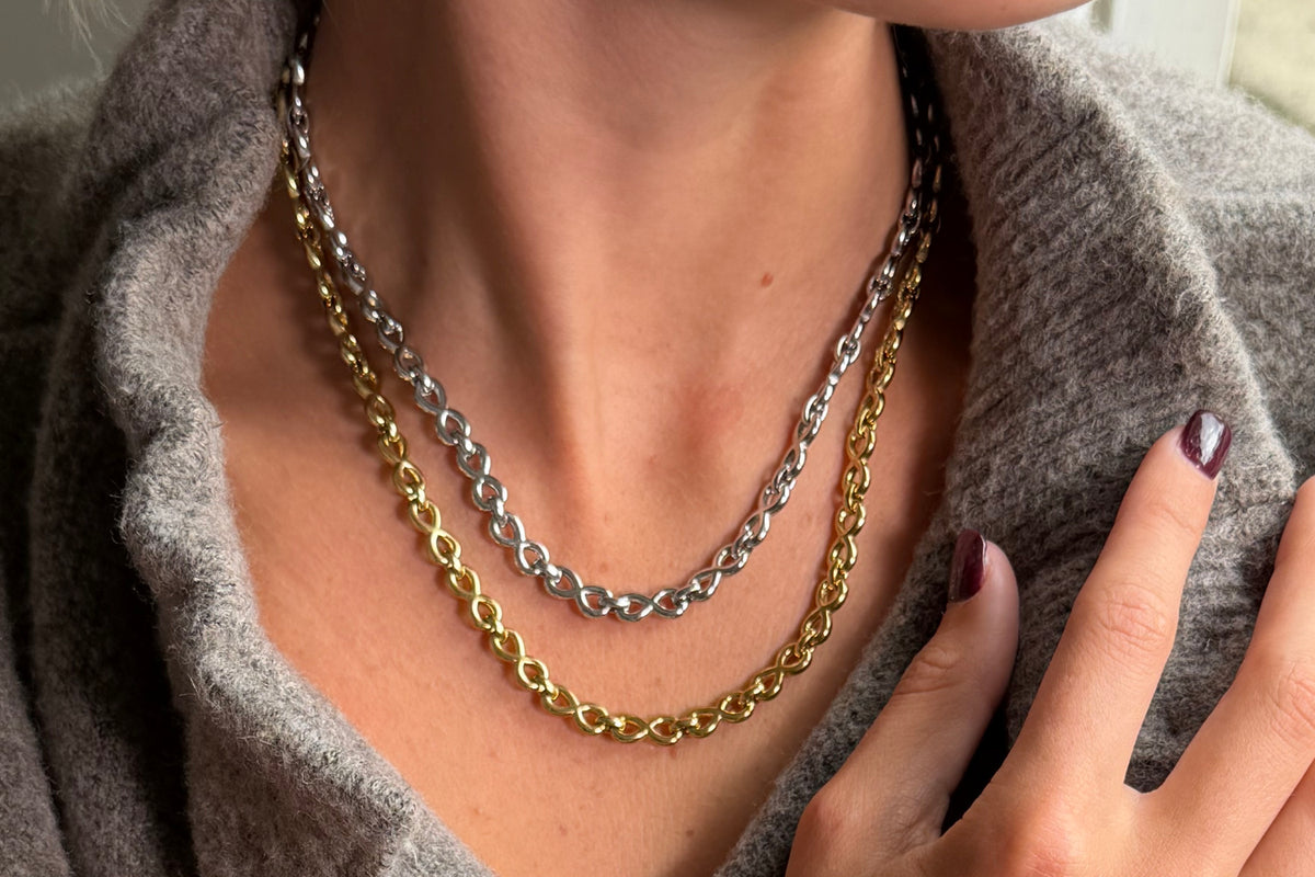 Hachi silver infinity link necklace by Boho Betty – styled with other jewellery, a silver infinity link layering necklace