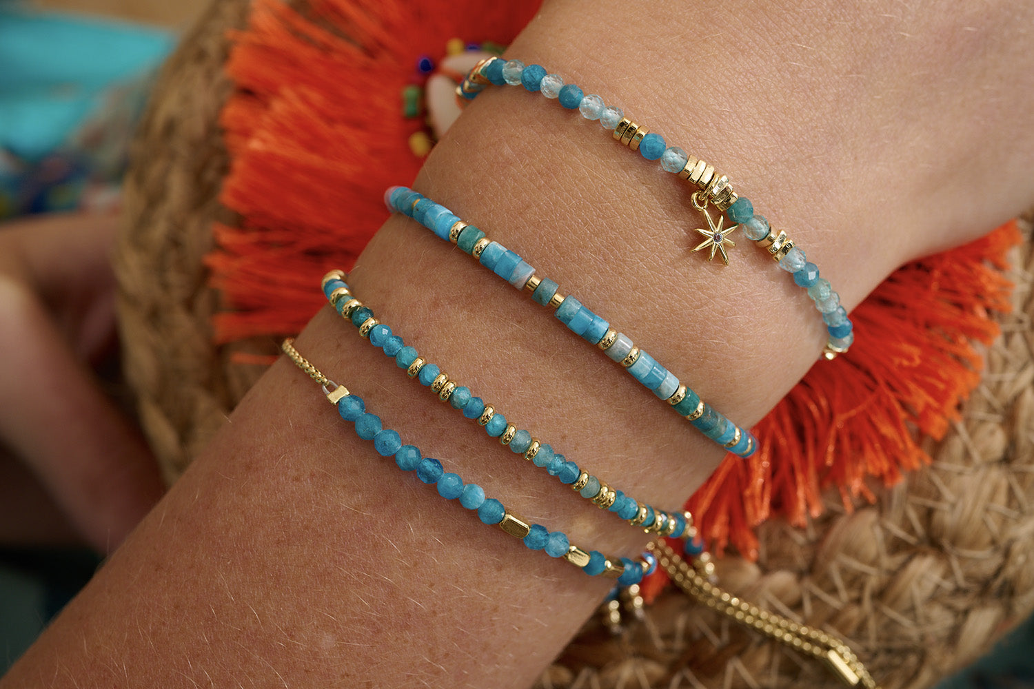 Brighten your outfits ready for Spring Summer with the impactful Apatite - Stack them together with the gleaming gold accents for a statement look.