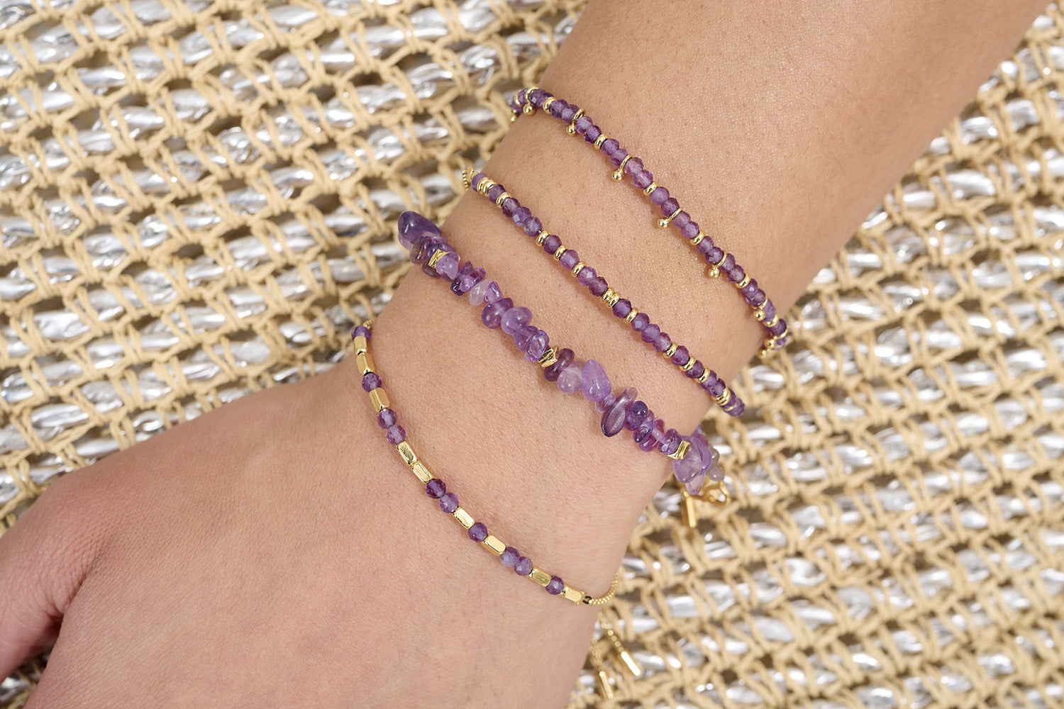 Mystical Amethyst Bracelet styled with gold jewellery for a grounding, spiritual, and radiant everyday look. The perfect gift for her.