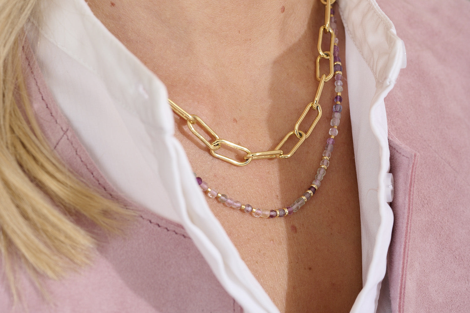 Pair the Notus Gold Chain Necklace with Rainbow Fluorite Allegra Necklace for soft detailing and gleaming gold hues.