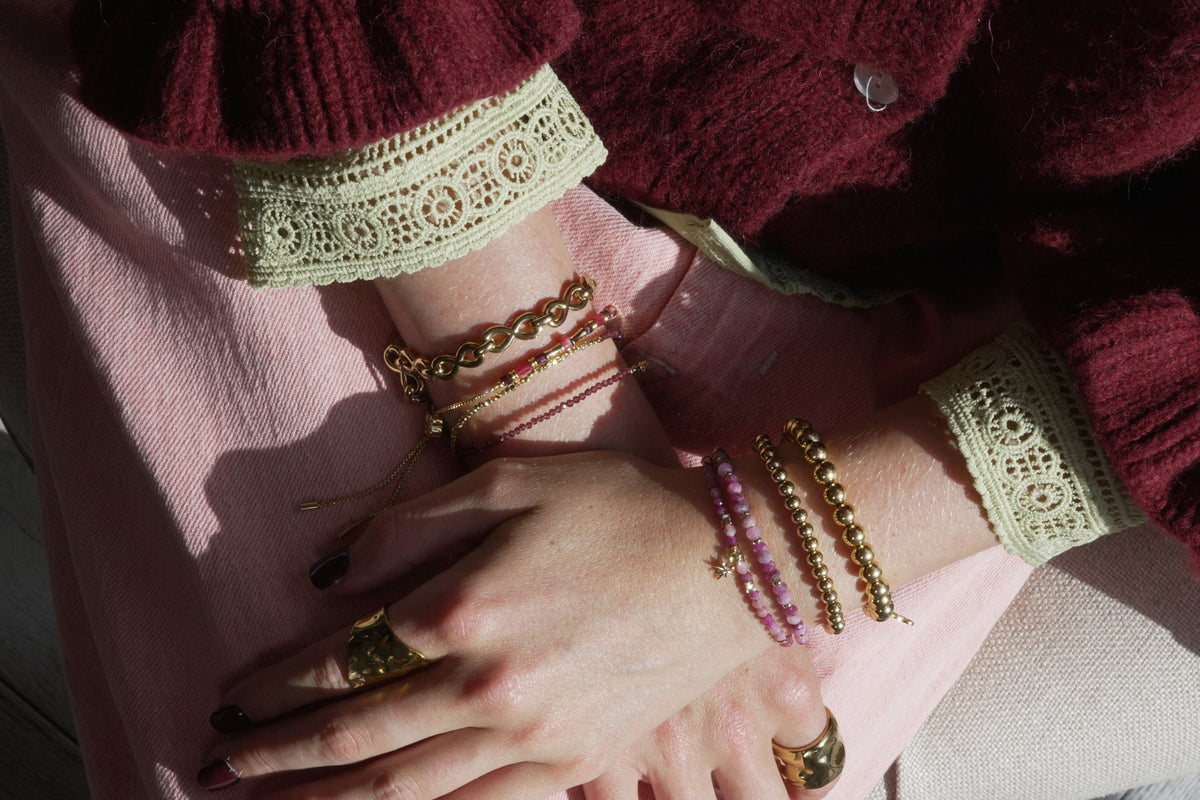 Lissette gold bead bracelet by Boho Betty – styled in a stack, a stackable gold beaded stretch bracelet for everyday wear