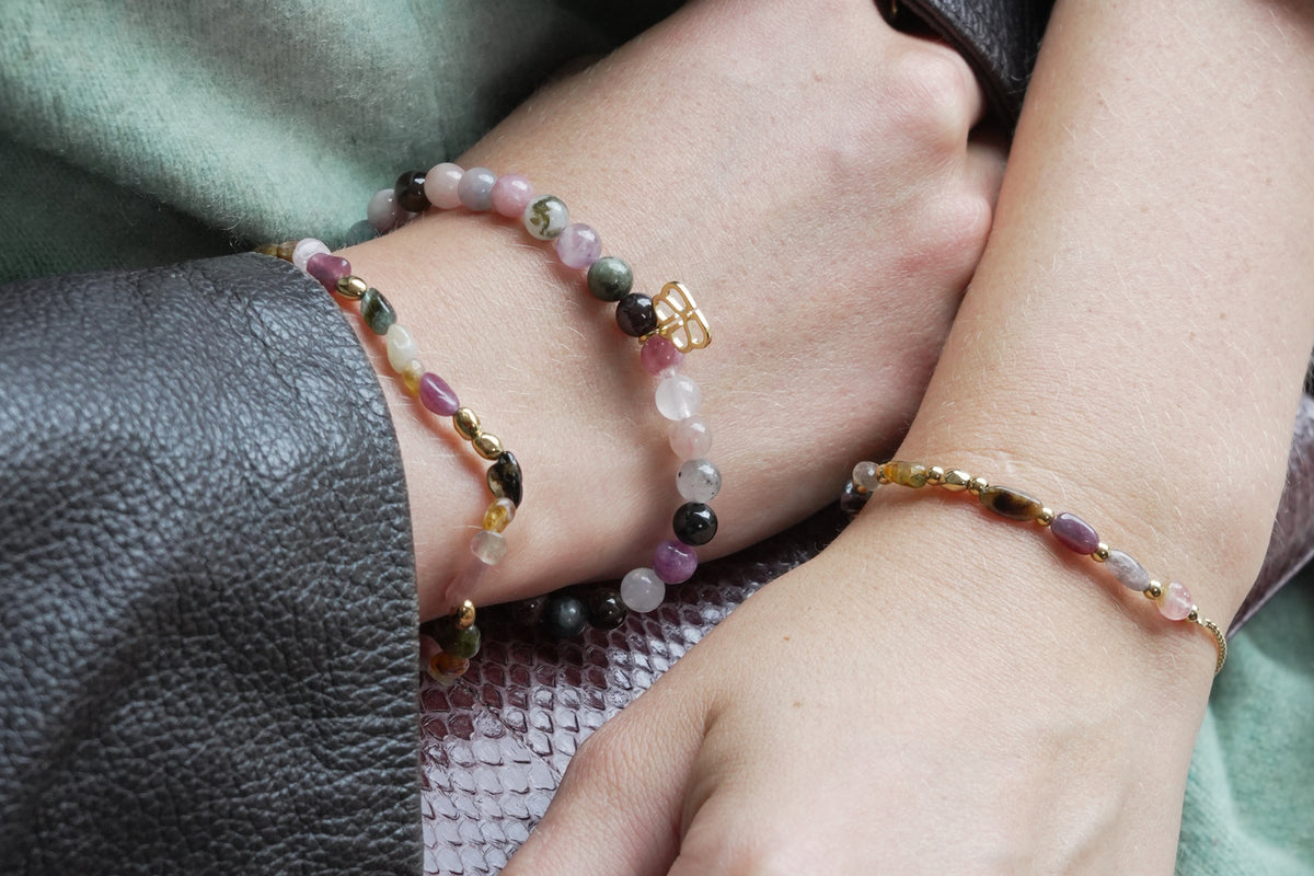 Mani tourmaline gold bracelet by Boho Betty – styled in a stack, a stackable gold tourmaline gemstone stretch bracelet