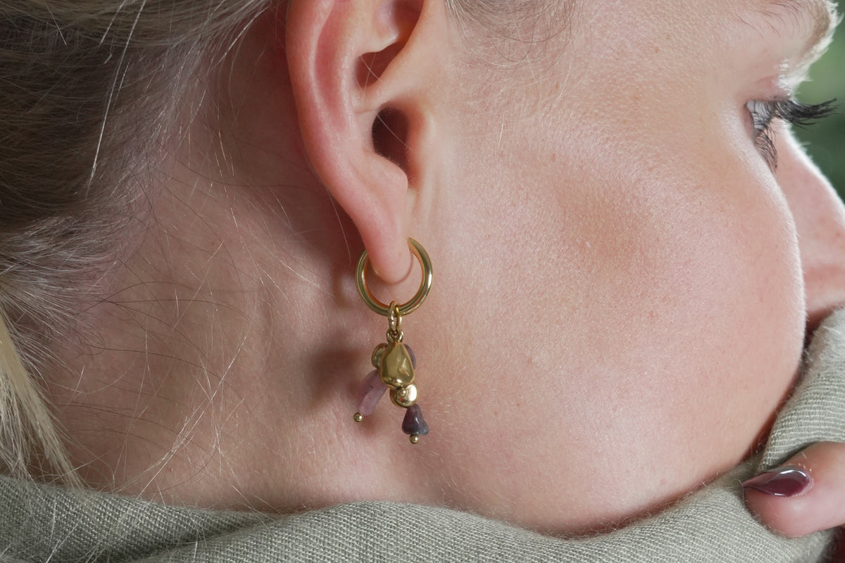 Lora gold tourmaline charm huggie hoop earrings by Boho Betty – gold tourmaline gemstone huggie hoop earrings