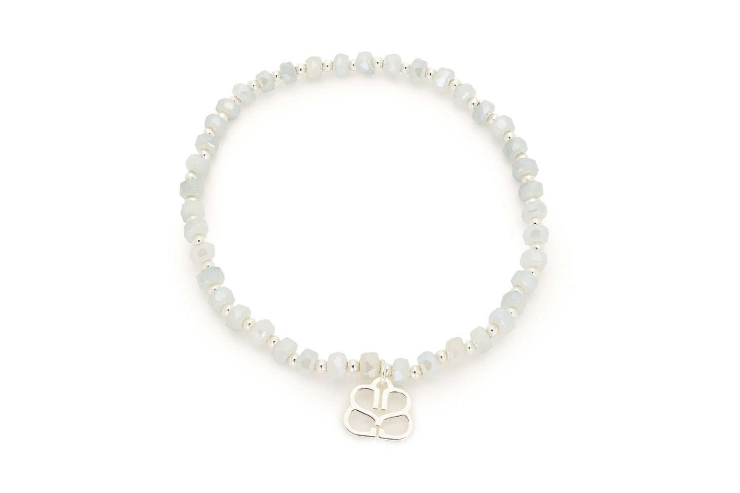 Prunus Crystal Bracelet featuring faceted Grey beads and silver-plated accents with an elasticated fit.
