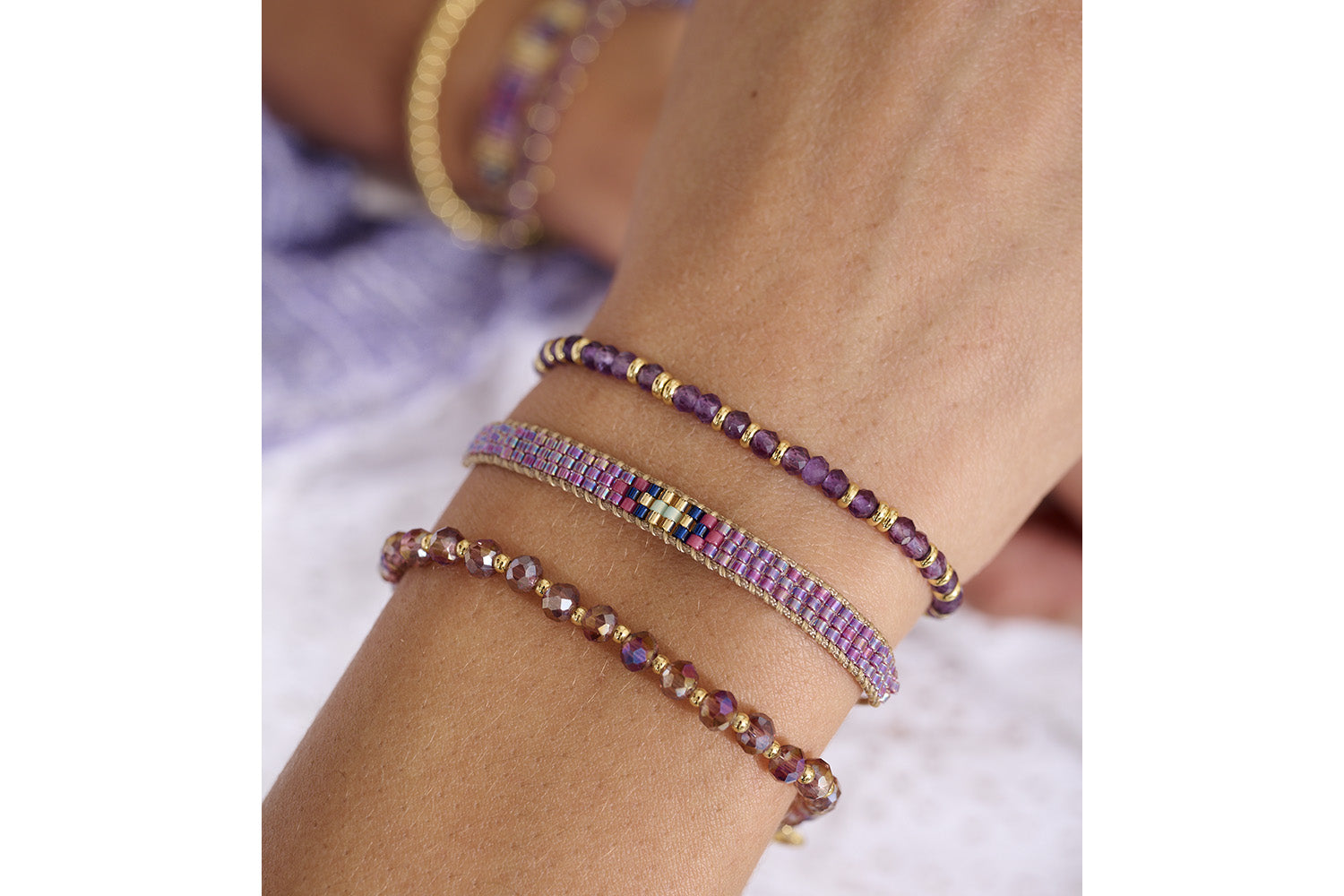 Perfect pairings are made of Pink, Purple and Amethyst bracelet stacks, with beads, gemstones and crystals! 