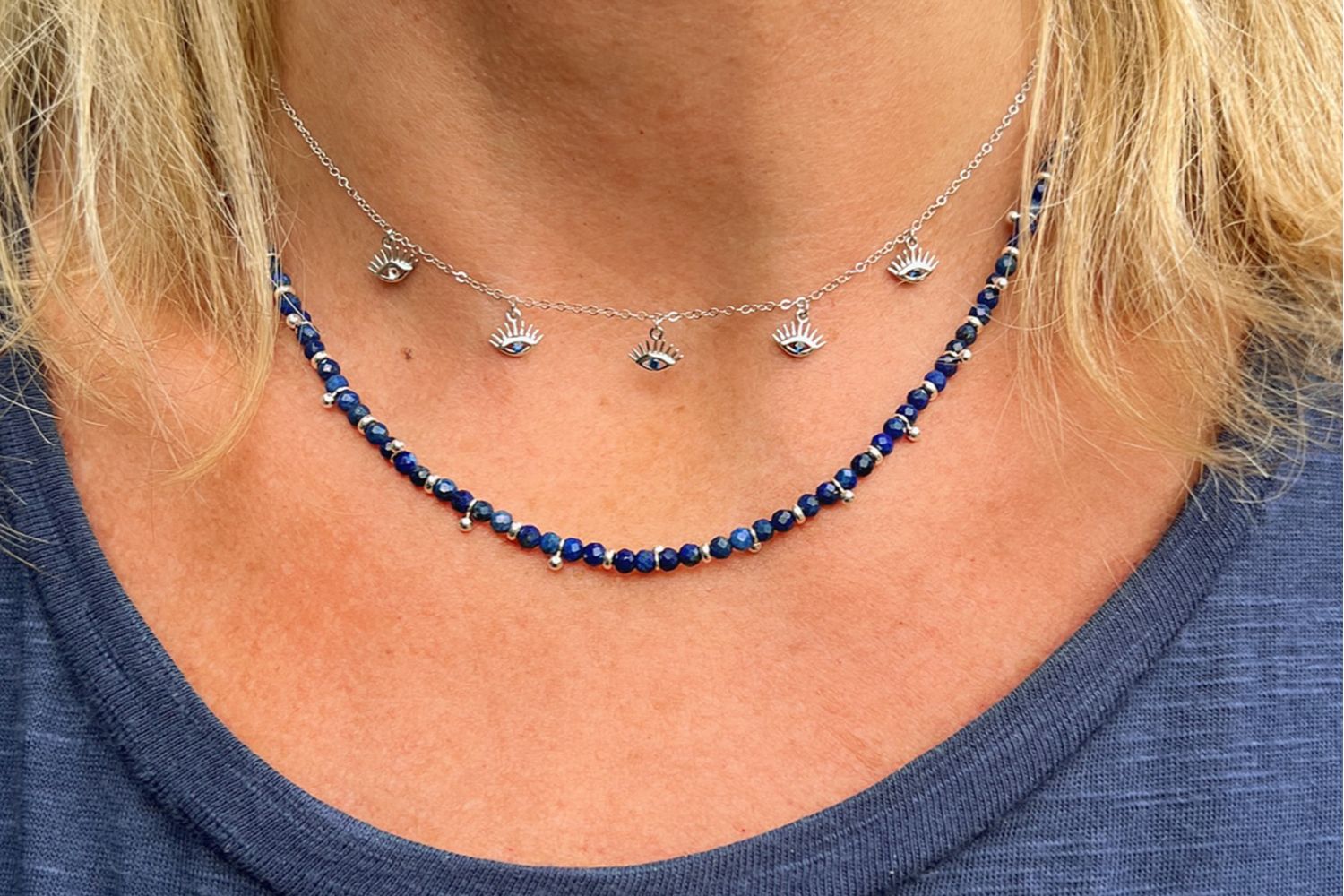 Retsina Sapphire CZ Evil Eye Sterling Silver Gold Necklace - Boho Betty